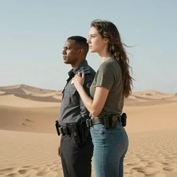 two detectives standing in the desert facing the same direction while one hugs the other from behind. The detective hugging the other from behind is a darker-skinned male and the detective he is hugging is a tall, light-skinned female.