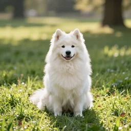 a samoyed dog sitting in the middle of sunny meadow, pastels