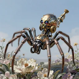 portrait of a spider, robot steampunk, cyborgnetic, floral! intricate, elegant, highly detailed, ray tracing, digital painting, artstation, concept art, clear sky, extremely detailed, fantasy, smooth, sharp focus, illustration, art by artgerm and greg rutkowski and alphonse mucha, 8 k