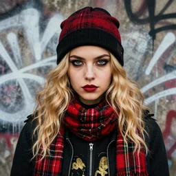 highly detailed portrait of a sewer punk lady student, beanie, tartan scarf, wavy blonde hair by atey ghailan, by greg rutkowski, by greg tocchini, by james gilleard, by joe fenton, by kaethe butcher, gradient red, black, brown and gold color scheme, grunge aesthetic!!! white graffiti tag wall background