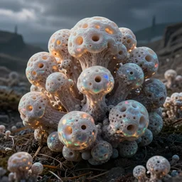 a unique alien creepy fungal growth that covers entire landscapes with iridescent globs that have holes in them