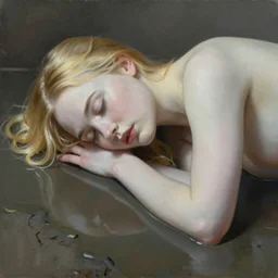 Painting of Elle Fanning sleeping in a puddle, long blonde hair, delicate, pale milky white porcelain skin, by Quint Buchholz. 8K. Extremely detailed.