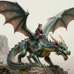 Cat riding on the back of a huge dragon, detailed