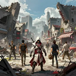 illustrations of scenes from the crossover of dying light 2 assassin's creed 1, busy, vibrant, ruins, by ruan jia, by conrad roset, by yoshitaka amano, cgsociety, artstation, portfolio quality.
