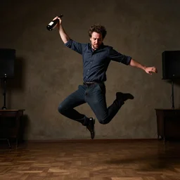 a portrait of a man boisterously dancing around the room by himself holding an empty wine bottle as he jumps in the air, fine detail, dramatic lighting, award-winning photo UHD, 4K