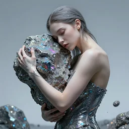 award - winning digital art hyperrealistic woman hugging iridescent radioactive detailed rocks