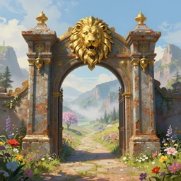 A giant medieval fantasy portal gate with a rusty gold carved lion face at the center of it, the portal takes you to another world, full of colorful flowers on the lost Vibes and mountains in the background, spring, delicate fog, sea breeze rises in the air, by andreas rocha and john howe, and Martin Johnson Heade, featured on artstation, featured on behance, golden ratio, ultrawide angle, f32, well composed