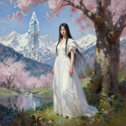 oil painting by ilya kuvshinov,, baugh casey, artgerm craig mullins, sakimi, coby whitmore, of a youthful japanese girl, long hair, female warrior in the alps, full body, wearing white gown, highly detailed, otherworldly face, crystal tower in background, sakura tree in background studio photography, noon, intense bounced light, water reflection, large tree casting shadow, by zack snyder