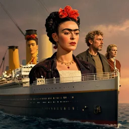 epic masterpiece of cinematographic hyperrealism where frida kahlo on the titanic. realistic shaded lighting poster by craig mallismo, artgerm, jeremy lipkin and michael garmash, unreal engine, radiant light, detailed and intricate environment, digital art, art station trends