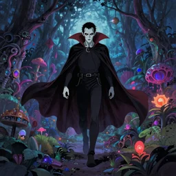 Vampire traveling through a beautiful psychedelic world, horror, illustrated by Krenz Cushart and Hayao Miyazaki, trending on artstation