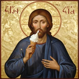 orthodox icon depicting christ eating an icecream cone, 15th century, by Andrei Rublev