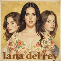 “ lana del rey portrait by ikenaga yasunari and ayana otake and ko rakusui, 6 0 s poster, drawing, realistic, sharp focus, japanese, dreamy, nostalgia, faded, golden hues, floral clothes ”