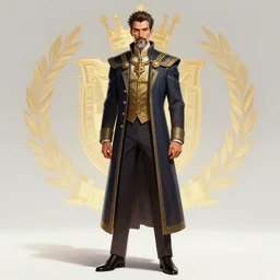 centered detailed full body character concept of a distinguished gentleman with a salt and pepper goatee, realistic character concept, vibrant colours, elegant pose, fantasy, illustration, slender symmetrical face and body, artstation, cinematic lighting, hyperdetailed, cgsociety, 8k Resolution, high resolution, Charlie Bowater, Tom Bagshaw, Tom Richmond, insanely detailed and intricate, beautiful, elegant, golden ratio, royal insignia in background