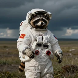 a raccoon dressed as a soviet cosmonaut