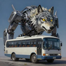 Mechanical  werewolf - transformer hybrid of bus and wolf, having cabin in form of wolf head with big yellow eyes looking at us and long mechanical body - it is bus with wheels and windows, we see him half-face, mechanical form of life, oil on canvas, fantasy, magic, dream, perfect composition, symmetric, digital painting, concept art, smooth, sharp focus, illustration, artstation trending, octane render, unreal engine, anime style, cyberpunk