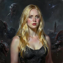 ultra realistic medium shot masterpiece portrait painting of elle fanning in the painted world of prey and halo 2, cosmic horror, artstation, art by frank frazetta, 4 k, ultra realistic, highly detailed, epic lighting