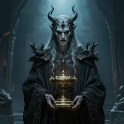 an evil deity holding a pedestal