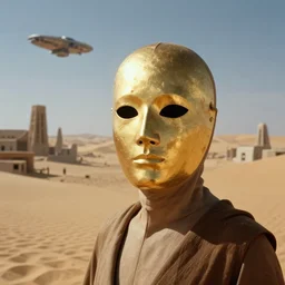 the long - shot portrait of bene gesserit in full - face golden glowing mask seeing the abandoned city beneath the sand, spaceship in the sky, film still from the movie directed by alejandro jodorowsky with cinematogrophy of christopher doyle and art direction by hans giger, anamorphic lens, kodakchrome, very detailed photo, 8 k,
