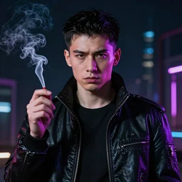 “portrait of Victor Tsoy, cyberpunk warrior, smoking, dark vibe, impressive colors”