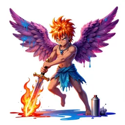 a punk angel rebelling from god wielding a fiery sword, wet paint, dripping paint, splatter paint, spray paint, puffy paint, inverted colors, neon, electric colors, tones of black in background, high contrast, angry, evil, infused, divine, plasma, inferno, in a symbolic and meaningful style
