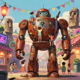 memorable animation key shot, anime movie screenshot, kids climbing up the giant bulbous rusty robot schwerer gustav!!!!, colorful bunting, neon, dim lanterns, grafitti!!, moai, ghibli, themepark, by mandy jurgens, by satoshi kon, ilya repin, lena aenami, shinji kimura, daylight pastel color palette