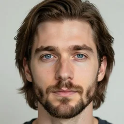 a realistic portrait of a 30 year old male with blue eyes, brown medium length hair, bushy eyebrows and short beard.
