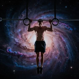 athletic man doing a pullup using gymnastic rings, in a cosmic nebula background, dramatic lighting, dramatic digital art trending on artstation
