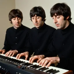 charles manson playing keyboard with the beatles, 3 5 mm photography, realistic, detailed, uncropped, realistic face,