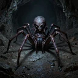 creepy matte painting of a female spider with eight legs in a dark cave, ultra detailed, monster, half human half spider, human torso!!, spider thorax!!!, creature design, concept art, 8 k, moody lighting, muted colors, blue tone light, dramatic lighting, realistically proportioned body, realistically proportioned face, racnoss