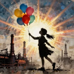 banksy, balloon girl, industrial revolution, decoupage, frameless
