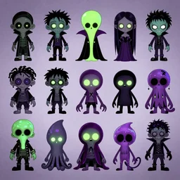 lisa frank gothic punk toxic glow in the dark bones vampiric rockstar vampire squid concept character designs of various shapes and sizes by genndy tartakovsky and the creators of fret nice at pieces interactive and splatoon by nintendo and the psychonauts by doublefines tim shafer artists for the new hotel transylvania film managed by pixar and overseen by Jamie Hewlett from gorillaz