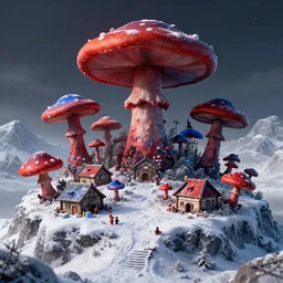 red and blue mushroom village atop a snowy mountain abomination, scary, octane render, upscaling, 2 4 - 3 5 mm, photorealism, highly detailed