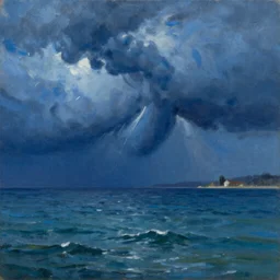 the blue storm on the sea of galilee, oil - on - canvas painting, close - up, elegant, volumetric lighting, scenery, digital painting, highly detailed, artstation, sharp focus, illustration, concept art, by rembrandt van rijn