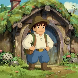 a hobbit in his home at the shire, by rankin and bass, studio ghibli, disney animation,