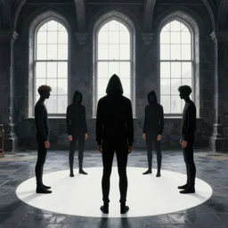 realistic painting of five black hooded super - tall and slim people standing around a white circle drew on the floor of an ancient castle black stone dark room, soft white light from four tall big windows on the background