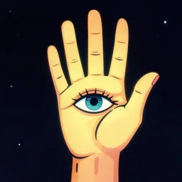 a glowing hand with a beautiful eye in its palm, night, psychedelic, bold black lines, flat colors, 1 9 7 0 s poster illustration