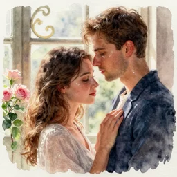 hyper realistic watercolor panting on paper, in academic style, of lover by the decorated window. beautiful lighting. flowers. clear face. subsurface scattering shiny skin. beautiful lighting, 4 k post - processing, trending in art station, cg society, highly detailed, 5 k extremely detailed, 3 d. cinematic scene. sharp image.