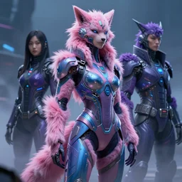 cyberwoman in pink blue purple, by james gurney, ruan jia, kim jung gi, huang guangjian, artstation, cyberpunk, realistic, intricate details, dramatic, cool lighting, medium shot, furry, vibrant, atmospheric, mist, hd