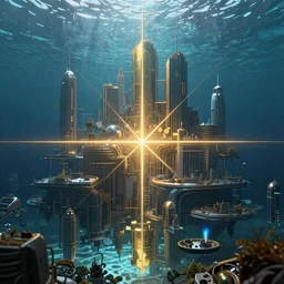 Abstract tech underwater environment ruined city, focus,  accurate symmetric features proportions, golden ratio, reflections, rainbow lighting, volumetric water, ultra intricate details, award winning, octane render