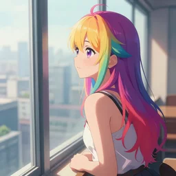 an attractive anime woman with multicolored hair looking out of a window of a tall building