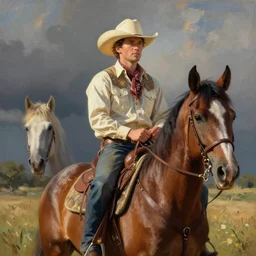 cowboy sitting on a horse. serigraph