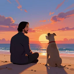 concept art by jama jurabaev, cel shaded, cinematic shot, trending on artstation, high quality, brush stroke, hyperspace, vibrant colors, john wick and grey pitbull sit in the sand at a beach and look into the sunset