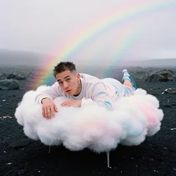 high quality pastel coloured film close up wide angle photograph of g - eazy wearing clothing swimming on cloud furniture in a icelandic black rock environment in a partially haze filled dreamstate world. three point light, rainbow. photographic production. art directed. pastel colours. volumetric clouds. pastel gradient overlay. waves glitch artefacts. extreme facial clarity. 8 k. filmic.