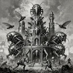b & w inks of 4 character, tiered flayed macerated insect god machines, cluster tiered heirarchy, battle chaos, mainframe hydrocracking battles, medical chromed, dystopian, by wayne d barlowe, h r giger, simon bisley & boris vallejo, enric torres, hyper realism, narrative light, muted colors, epic, hyper detailed, awe inspiring