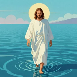 Jesus walking on water, vaporwave style