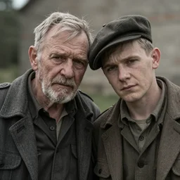 poignant portrait of two old war friends remembering their youth, the years weigh heavily in their eyes, nostalgia, melancholy