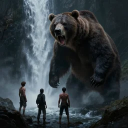 scary picture of a giant grizzly bear roaring at 3 human near a waterfall, demonic, dark fantasy, dnd, extremely detailed, sharp focus, smooth, oil matte painting, concept art, by franzzeta, vaporwave style, chiaroscuro, trending on artstation!!!