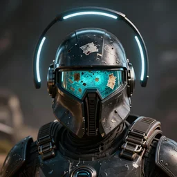 a photo of a scifi black halo spartan helmet with a cyan visor covered in old torn stickers, unreal engine, raytracing,