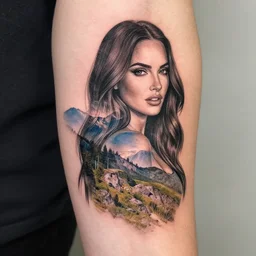 double exposure effect tattoo sketch of megan fox on beautiful mountain scenery, realism tattoo, in the style of brandon kidwell