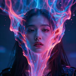 owned to see a picture with a woman's face submerged in neon plasma, 8 k, unreal engine, cinematic lighting, hyperrealism, cinematic in the style of 8 0's